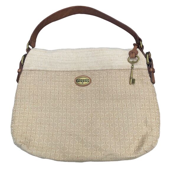 Fossil Explorer Purse Canvas Leather Cream Fold Over Boho Beach Coastal Large - Picture 4 of 8